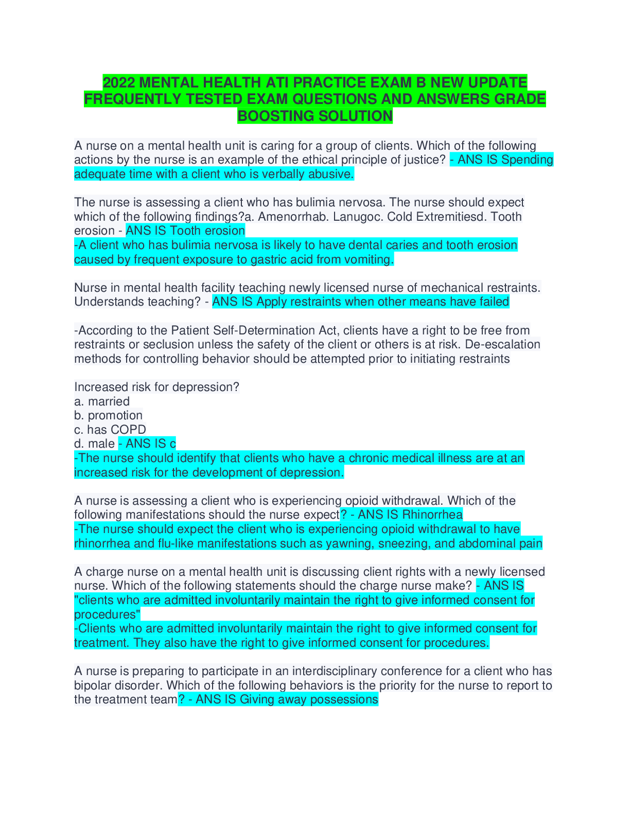 Preview image for 2022 MENTAL HEALTH ATI PRACTICE EXAM B NEW UPDATE  FREQUENTLY TESTED EXAM QUESTIONS AND ANSWERS GRADE  BOOSTING SOLUTION